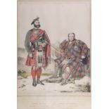 After Leay RSA: a pair of hand-coloured lithographs, Highland clansmen, in maple frames