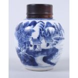A late 18th century Chinese blue and white export oviform tea caddy with hardwood cover, 3 1/2" high