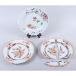 A Canton enamel plate with flower and crab decoration, 9" dia, and two Chinese export plates (one