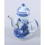 A late 18th century Chinese blue and white export coffee pot with landscape decoration, 5 1/4"