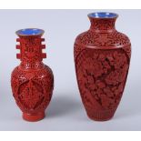 A Chinese carved cinnabar lacquer oviform vase, 8" high, and a smaller similar two-handled vase,