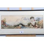 S C: 19th century watercolours, Highland bridge with cattle, 5 1/2" x 17 1/2", in ebonised strip