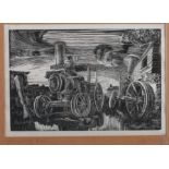 H Jones: two lino cuts, "Journey's End" and "19th Century Perambulator", in strip frames