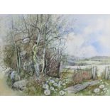 Gladys Crook, '91: watercolour pen & ink, spring landscape, 13" x 9 3/4", in strip frame, and