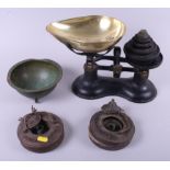 An anodised copper bowl, a set of scales and two lamps