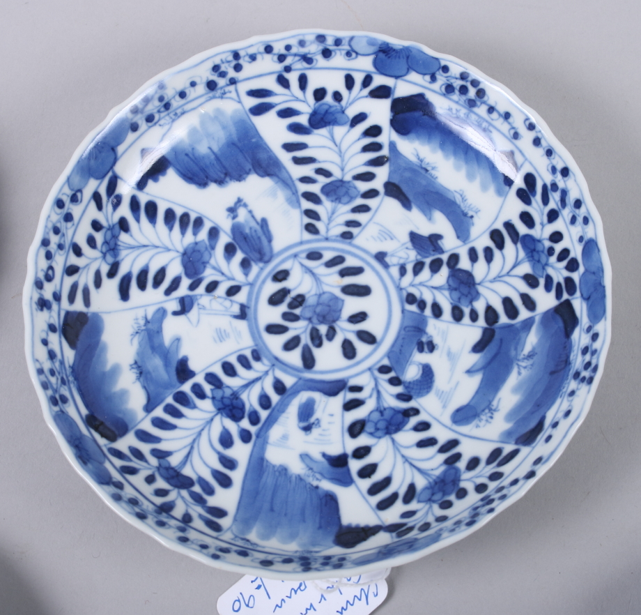 Three 19th century Chinese blue and white porcelain lobed saucers with figure decoration, 4 1/2" - Image 4 of 9