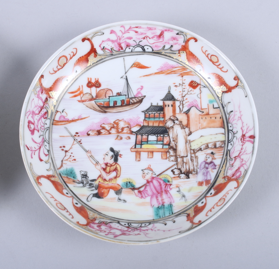 A Chinese porcelain polychrome sauce with European harbour scene, 4 3/4" dia, and a similar - Image 2 of 5