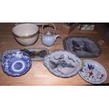 A Daphne Garrett tin glazed teapot, a Highland stoneware meat dish, a fish platter and other similar