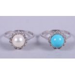 An 18ct white gold turquoise cluster ring, size O, and a similar pearl set cluster ring, size 0, 5.