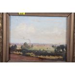 English late 19th century: oil on board, landscape with chimney stack, 7" x 9 1/2", in gilt swept