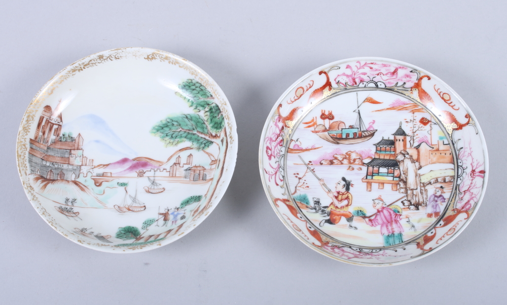 A Chinese porcelain polychrome sauce with European harbour scene, 4 3/4" dia, and a similar