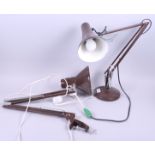 Two brown Anglepoise lamps, one with circular base and one with a table clamp