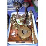 A pair of 19th century Indian copper candlesticks, 8" high, a brass and oil burnished steel fender