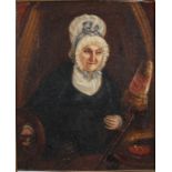 An oil on panel, elderly woman in black clothes and bonnet, 11 1/2" x 9 1/2", in gilt frame (damages