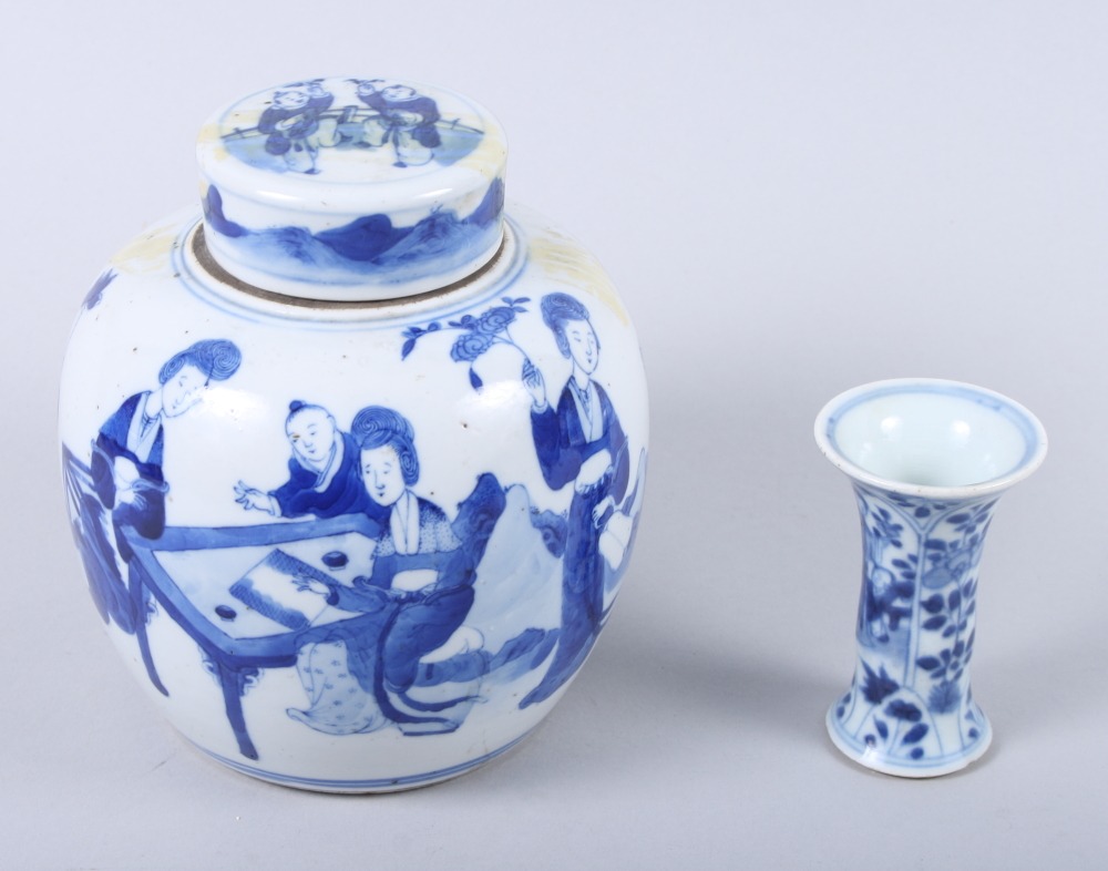 A 19th century Chinese blue and white ginger jar and cover with figure decoration, 6" high, and a