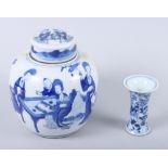 A 19th century Chinese blue and white ginger jar and cover with figure decoration, 6" high, and a
