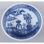 A late 18th century Chinese blue and white export patty pan with vases and landscape decoration,