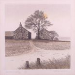 Kathleen Caddick: an artist's proof etching, "Hillfarm", in a gilt frame, a Tissot etching,