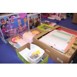 A flat pack dolls house with furniture and accessories, together with Sindy playsets, including a