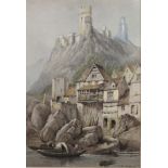 Burleigh Bruhl: watercolours, view of a castle overlooking houses by the shore, 19" x 13 1/2", in