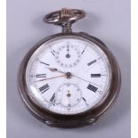 A Continental silver cased pocket / stopwatch with white enamel dial and Roman numerals