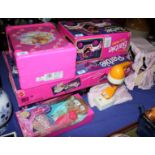 Four boxed Barbie toys and two further unboxed Barbie accessories