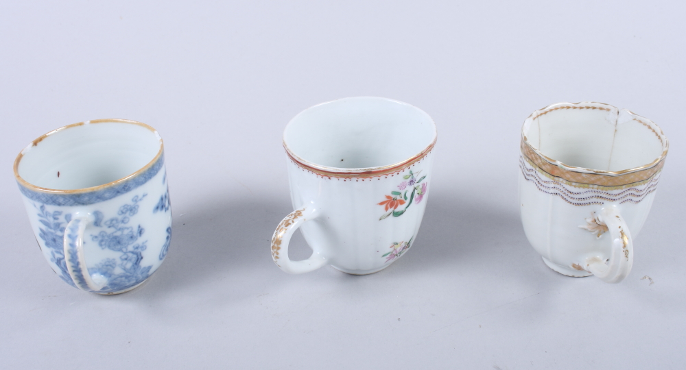 Three 18th century Chinese armorial cups, various crests (rim chips, repairs and rubbed gilding) - Image 3 of 12