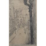 A mid 20th century pencil sketch of a street, a watercolour of a house by the riverside and an oil