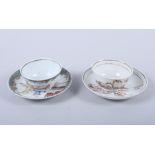 Two 18th century Chinese polychrome tea bowls and saucers, figures in interior and figures in