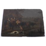 An 18th century Dutch? oil on slate, cattle and figures at night with a dog drinking from a