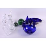 A silver plated fruit dish with blue glass liner, two blue glass goblets, a similar jug and bowl,