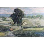 After Rowland Hilder: a colour print, harvest landscape, in oak strip frame, Donald Lampitt: a