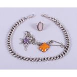 A selection of silver jewellery, including an Albert watch chain, a silver and amber pendant