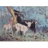 Allan William Seaby: a signed wood cut, "Goats", 12 1/2" x 9 1/2", in strip frame