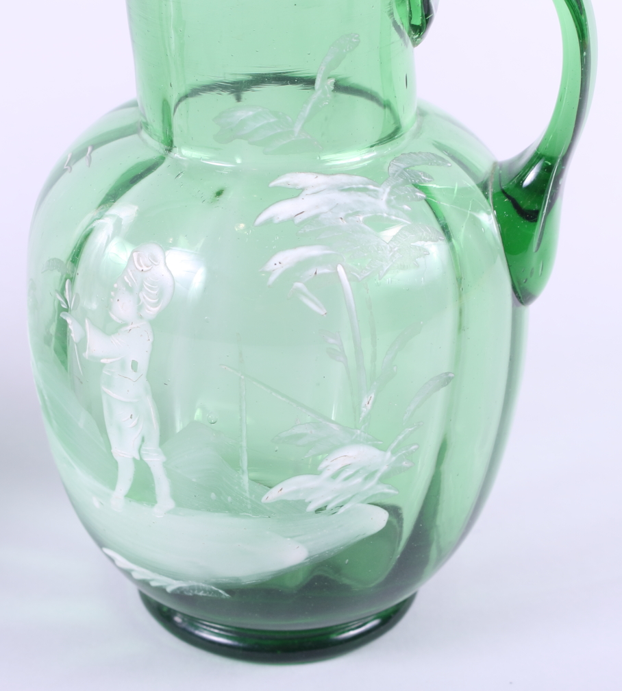 A "Mary Gregory" design green glass jug, decorated with a young boy, and a Meissen plate with - Image 2 of 3