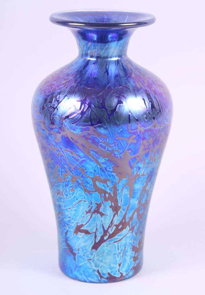 A baluster-shaped iridescent blue lustre vase, signed to base, 9 1/2" high