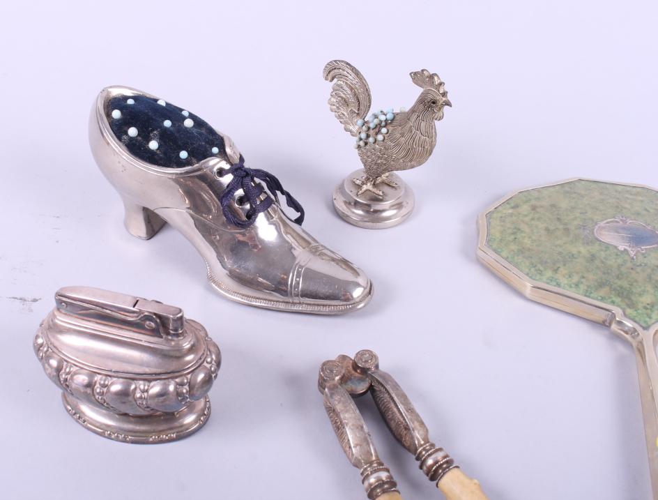 A silver plated pin cushion, in the form of a shoe, another in the form of a cockerel, a plated - Image 2 of 3