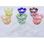 A set of six Bohemian coloured and cut glass hocks, 8 1/2" high