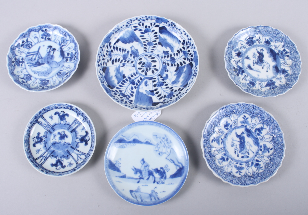 Three 19th century Chinese blue and white porcelain lobed saucers with figure decoration, 4 1/2"