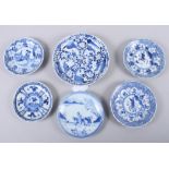 Three 19th century Chinese blue and white porcelain lobed saucers with figure decoration, 4 1/2"