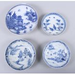 A late 18th century Chinese blue and white porcelain saucer with quail pattern, and three 18th