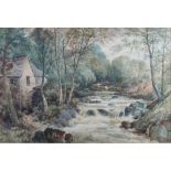 F Davis: watercolours, woodland river scene by a water mill, 14" x 21", in strip frame
