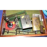 A miniature saw bench, vertical drill and lathe, together with belt drive, frame, oil can and