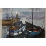 Pam Lauri?: watercolours, scene with fishing boats, 13 1/4" x 17 1/4", in gilt strip frame