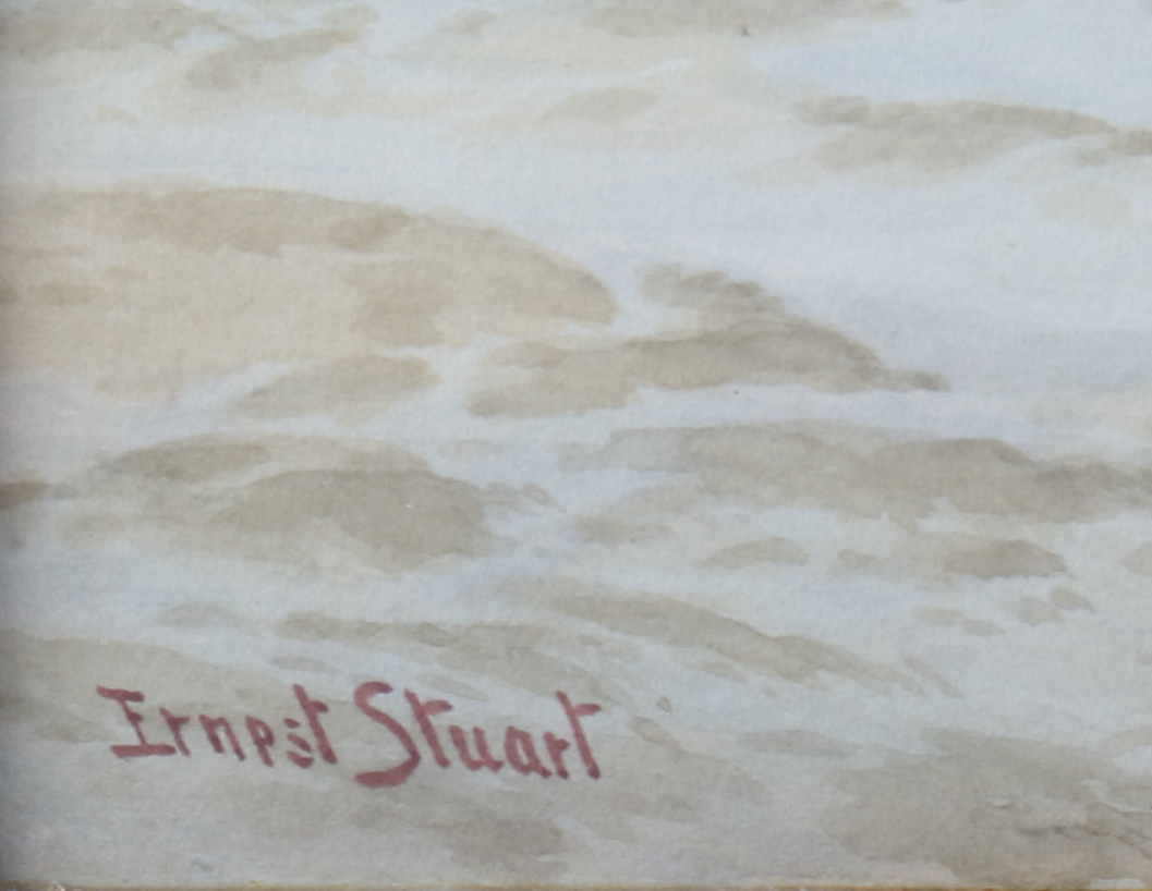 Ernest Stuart: watercolours, coastal scene with seagulls, 9 1/2" x 21", in gilt frame - Image 3 of 3