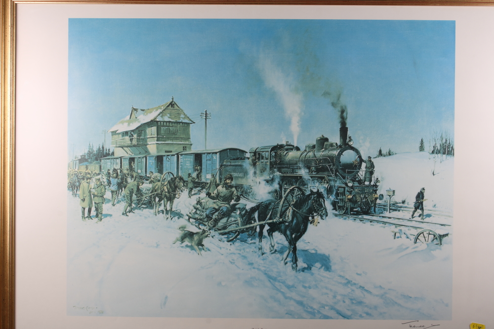 Terence Cuneo: two signed prints, "Sleigh Post" and "First Air Post", in gilt frames - Image 2 of 2