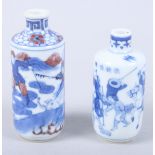 A Chinese porcelain blue and white decorated snuff bottle, decorated figures and animals, and