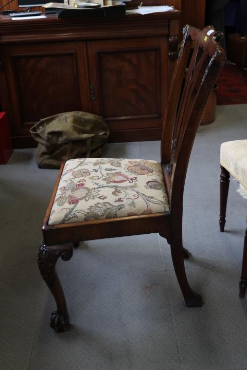 A set of three Irish caved walnut side chairs with pierced splats and drop-in seats, on shell carved - Image 4 of 7