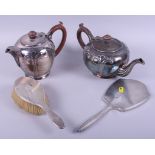 A Walker & Hall silver plated teapot, a similar hot water pot, and an Art Deco silver dressing table
