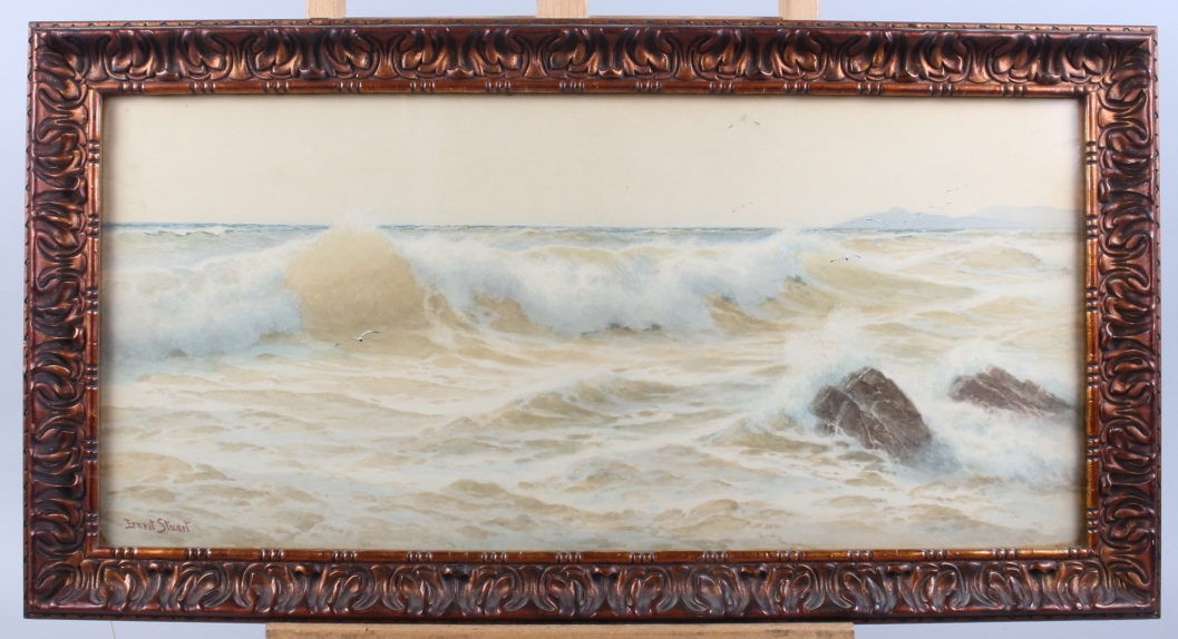 Ernest Stuart: watercolours, coastal scene with seagulls, 9 1/2" x 21", in gilt frame